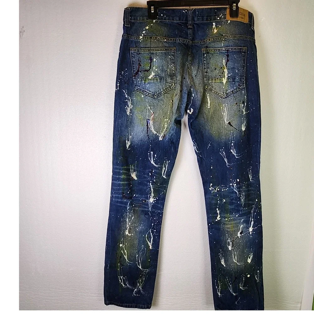 Urban Color Jeans Paint Splatter Distressed‎ Blue Denim Streetwear 36x32